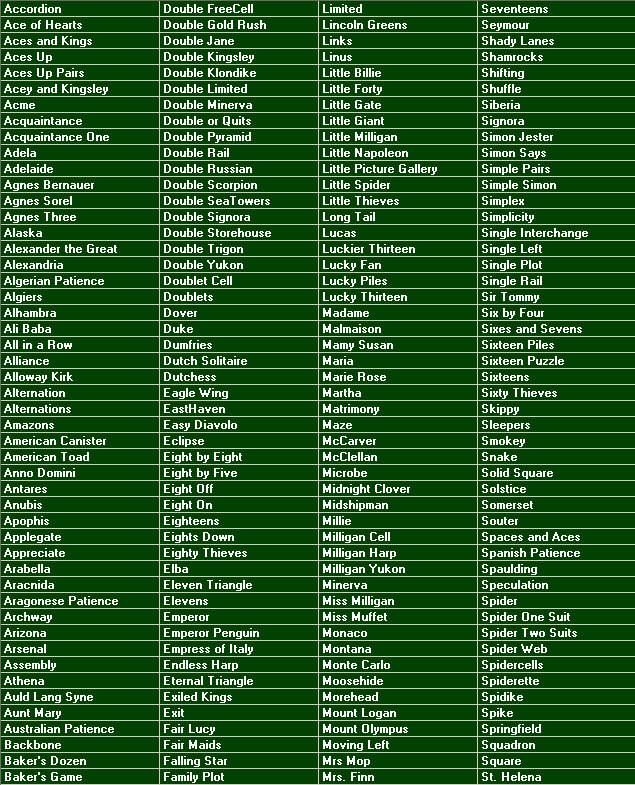 Pretty Good Solitaire List of Games