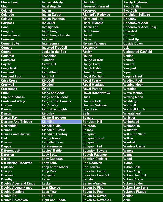 Pretty Good Solitaire List of Games